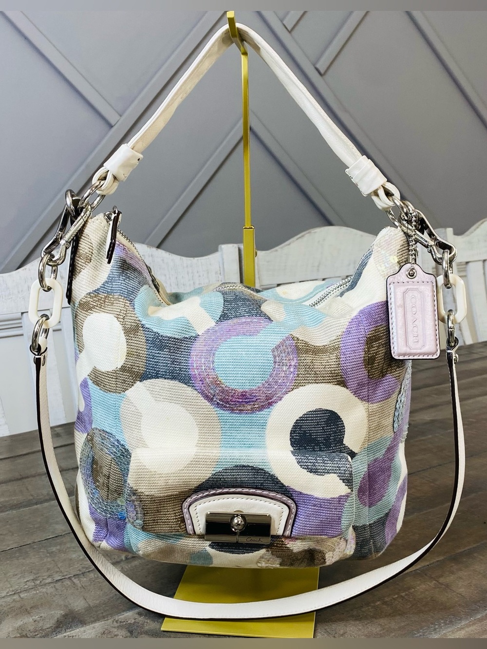 Coach Kristin Op Art Sequin Convertible Hobo Shoulder Bag Multicolor
